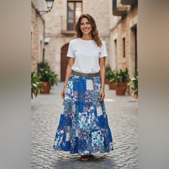 Rusttydustty Dresses & Skirts - Rusttydustty Blue Patchwork Floral Maxi Boho Skirt Embellished Waistband XL EUC